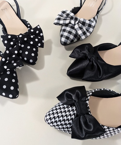 styiro(スタイロ)の「水玉 チェック柄 千鳥格子 リボンフラットミュール ポインテッド トゥ バックストラップパンプス(パンプス・レディース・ハウンドトゥース/チェック/ドット/ブラック・39/38/37/36)」の9枚目の写真