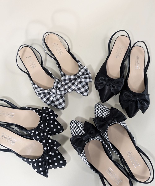 styiro(スタイロ)の「水玉 チェック柄 千鳥格子 リボンフラットミュール ポインテッド トゥ バックストラップパンプス(パンプス・レディース・ハウンドトゥース/チェック/ドット/ブラック・39/38/37/36)」の10枚目の写真