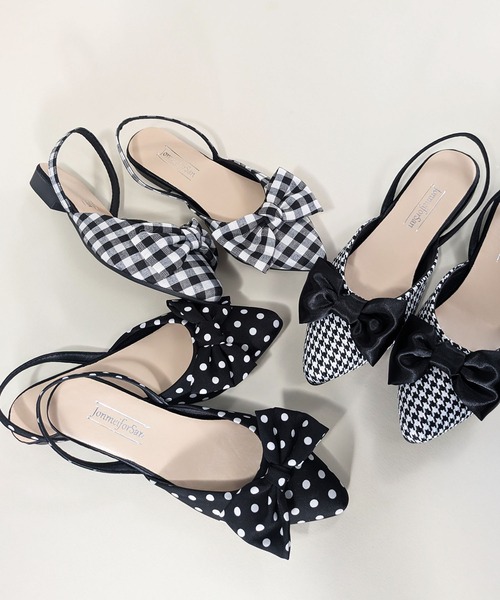 styiro(スタイロ)の「水玉 チェック柄 千鳥格子 リボンフラットミュール ポインテッド トゥ バックストラップパンプス(パンプス・レディース・ハウンドトゥース/チェック/ドット/ブラック・39/38/37/36)」の11枚目の写真