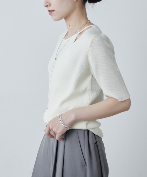 Lui's（ルイス）の「レイヤード半袖ニットプルオーバー（Tシャツ/カットソー・レディース・ブラウン/ブラック/オフホワイト・FREE）」の14枚目の写真