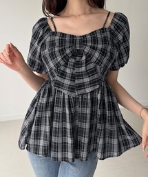 リボンデザインペプラムブラウス