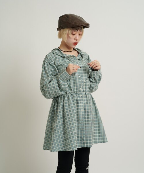 w closet(ダブルクローゼット)の「【3色展開/ウエストゴム】ドロストフードシャツ(シャツ/ブラウス・レディース・ネイビー/オフホワイト/ピンク/グリーン・FREE)」の15枚目の写真