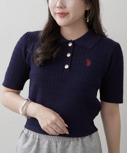 U.S. POLO ASSN.(ユーエスポロアッスン)の「【U.S.POLOASSN.】半袖ポロニット(ニット/セーター・レディース・ネイビー/ボルドー/オフホワイト/グレー・FREE)」の1枚目の写真