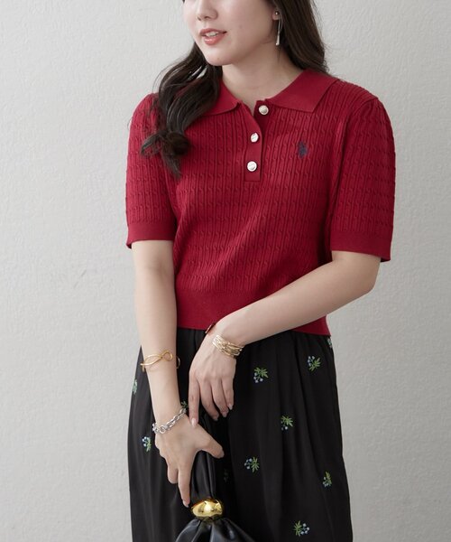 U.S. POLO ASSN.(ユーエスポロアッスン)の「【U.S.POLOASSN.】半袖ポロニット(ニット/セーター・レディース・ネイビー/ボルドー/オフホワイト/グレー・FREE)」の2枚目の写真