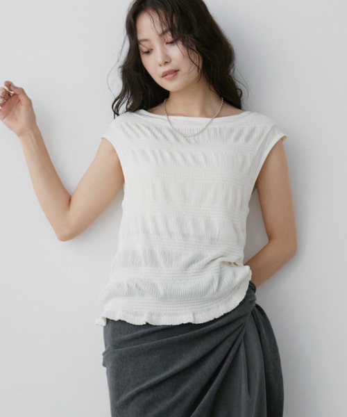 Aunt Marie's（アントマリーズ）の「シャーリングシアーフレンチスリーブトップス（Tシャツ/カットソー・レディース・ホワイト/ブラック・FREE）」の12枚目の写真