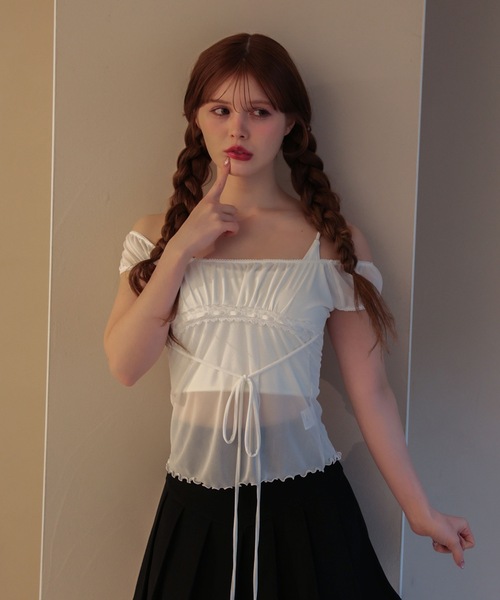M DOLLY(エムドリー)の「Sheer riley mellow tops / シアーライリーメロウトップス(Tシャツ/カットソー・レディース・ホワイト/ブラック・FREE)」の3枚目の写真