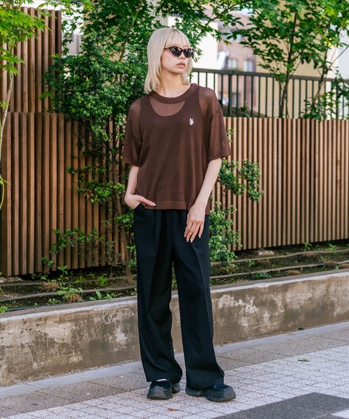 U.S. POLO ASSN.(ユーエスポロアッスン)の「【U.S. POLO ASSN./ユーエスポロアッスン】【とろみ素材 蒸れにくくさらさら】透かし編みニットTシャツ 透け感 涼しい サマーニット 高見え 上品(ニット/セーター・レディース・ピンク/ブラウン/オフホワイト/ブラック・MEDIUM/LARGE)」の8枚目の写真