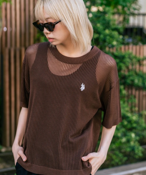 U.S. POLO ASSN.(ユーエスポロアッスン)の「【U.S. POLO ASSN./ユーエスポロアッスン】【とろみ素材 蒸れにくくさらさら】透かし編みニットTシャツ 透け感 涼しい サマーニット 高見え 上品(ニット/セーター・レディース・ピンク/ブラウン/オフホワイト/ブラック・MEDIUM/LARGE)」の16枚目の写真