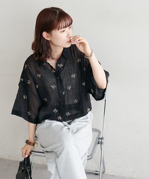 DISCOAT（ディスコート）の「刺繍シアークロップドシャツ（シャツ/ブラウス・レディース・アイボリー/ブラック/オリーブ・MEDIUM）」の13枚目の写真