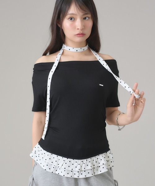 apres jour mignon(アプレジュールミニョン)の「ドレープ裾フリルトップス(Tシャツ/カットソー・レディース・グレー/ブラック・LARGE/フリー)」の3枚目の写真