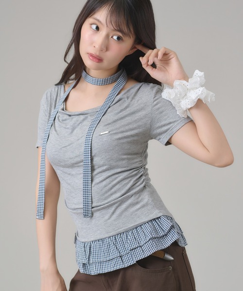 apres jour mignon(アプレジュールミニョン)の「ドレープ裾フリルトップス(Tシャツ/カットソー・レディース・グレー/ブラック・LARGE/フリー)」の5枚目の写真