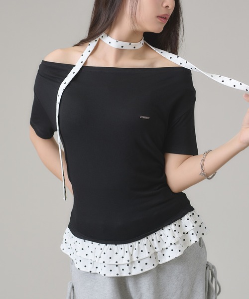 apres jour mignon(アプレジュールミニョン)の「ドレープ裾フリルトップス(Tシャツ/カットソー・レディース・グレー/ブラック・LARGE/フリー)」の7枚目の写真