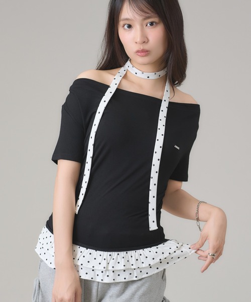 apres jour mignon(アプレジュールミニョン)の「ドレープ裾フリルトップス(Tシャツ/カットソー・レディース・グレー/ブラック・LARGE/フリー)」の8枚目の写真