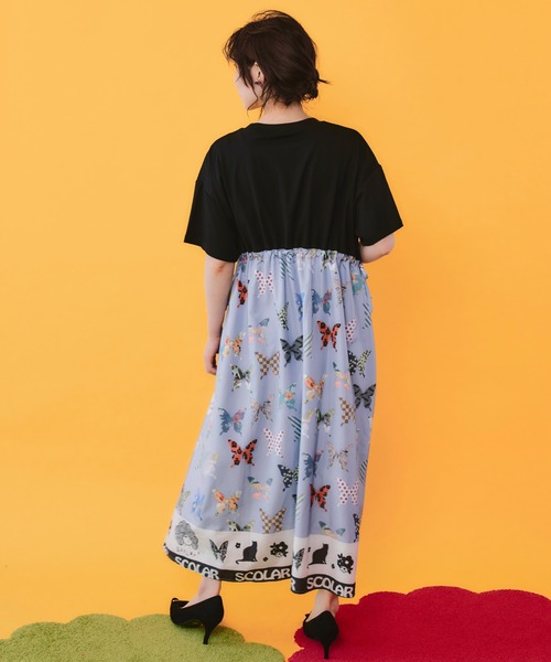 ScoLar(スカラー)の「162661:天竺×蝶柄布帛ワンピース(ワンピース・レディース・チャコールグレー/ブラック・M)」の4枚目の写真