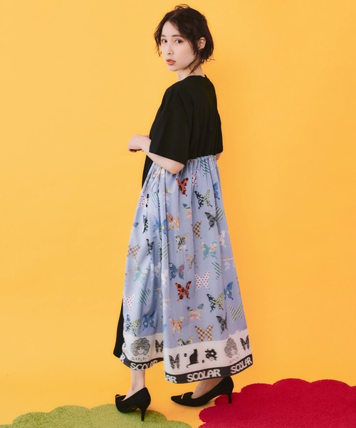 ScoLar(スカラー)の「162661:天竺×蝶柄布帛ワンピース(ワンピース・レディース・チャコールグレー/ブラック・M)」の5枚目の写真