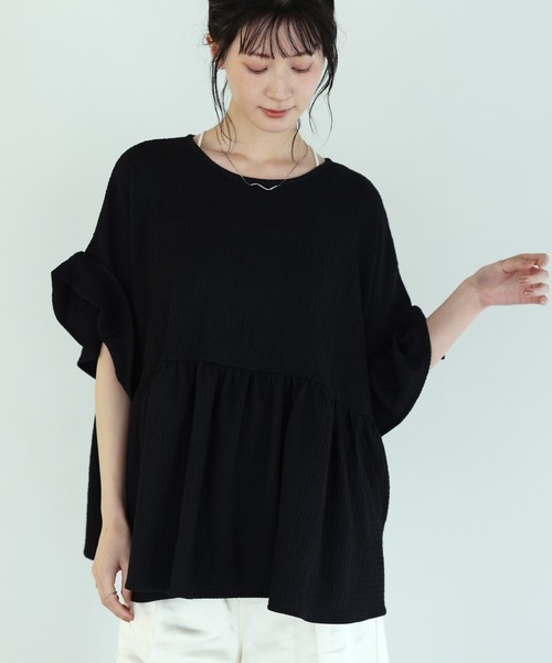 shetila(シェティラ)の「ノンストレス ふんわり フリルトップス(Tシャツ/カットソー・レディース・ブラック/オフホワイト/ミント・M)」の2枚目の写真