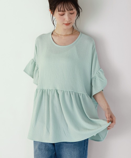 shetila(シェティラ)の「ノンストレス ふんわり フリルトップス(Tシャツ/カットソー・レディース・ブラック/オフホワイト/ミント・M)」の4枚目の写真