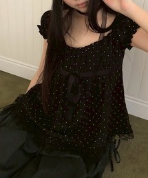 裾レースドット柄フレアブラウス