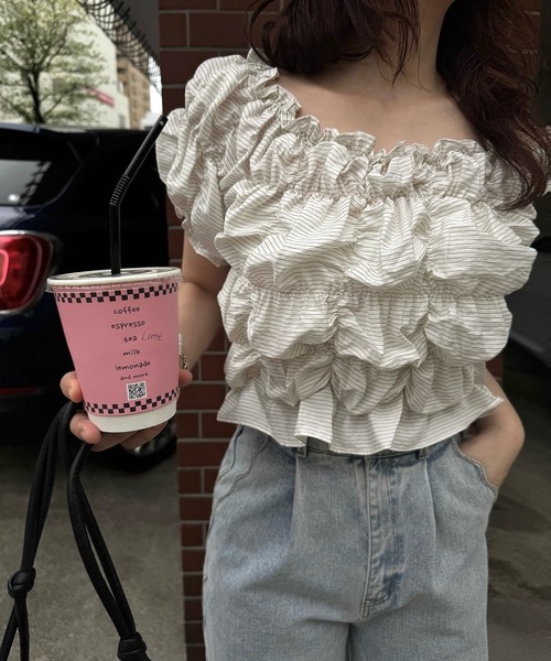 WILLFULLY(ウィルフリー)の「whip shirring stripe 2way tops(Tシャツ/カットソー・レディース・ブラック/アイボリー/ブルー・FREE)」の20枚目の写真
