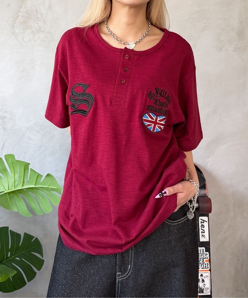 sedacle(セダクル)の「ユニオン刺繍ヘンリースラブTEE(Tシャツ/カットソー・レディース・オフホワイト/ボルドー/ライトブルー/ブラック・LARGE/MEDIUM/SMALL)」の4枚目の写真