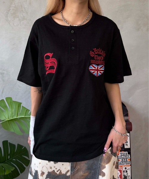 sedacle(セダクル)の「ユニオン刺繍ヘンリースラブTEE(Tシャツ/カットソー・レディース・オフホワイト/ボルドー/ライトブルー/ブラック・LARGE/MEDIUM/SMALL)」の3枚目の写真