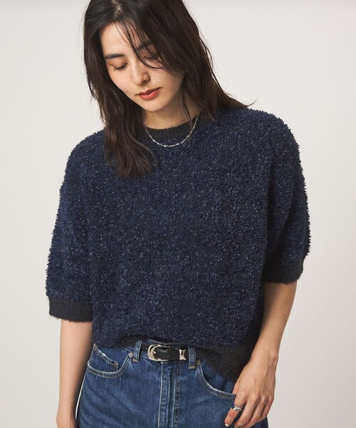 green label relaxing（グリーンレーベルリラクシング）の「リボンヤーン ハーフスリーブ ニット プルオーバー（ニット/セーター・レディース・ブラック/オフホワイト・FREE）」の2枚目の写真