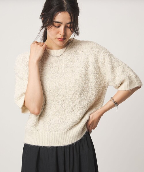 green label relaxing（グリーンレーベルリラクシング）の「リボンヤーン ハーフスリーブ ニット プルオーバー（ニット/セーター・レディース・ブラック/オフホワイト・FREE）」の3枚目の写真