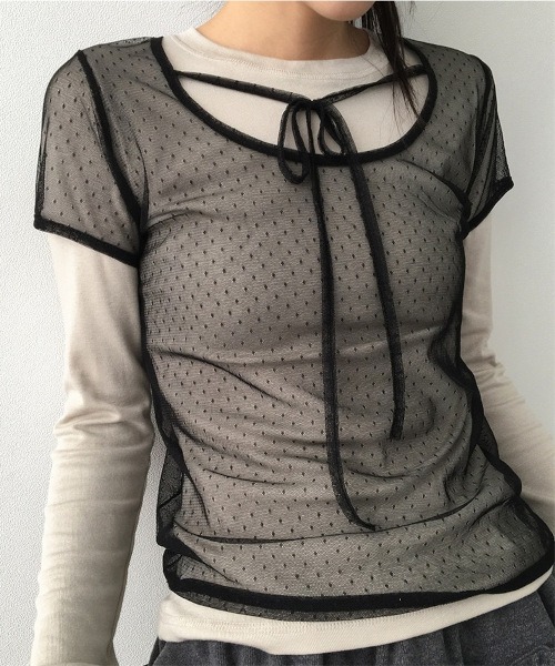 ARCHIVER(アーカイバ)の「【Bz】ドットシアーレイヤードカットソー 半袖 Y2K コードリボン(MA/EK162)(Tシャツ/カットソー・レディース・ホワイト/ブラック・FREE)」の6枚目の写真