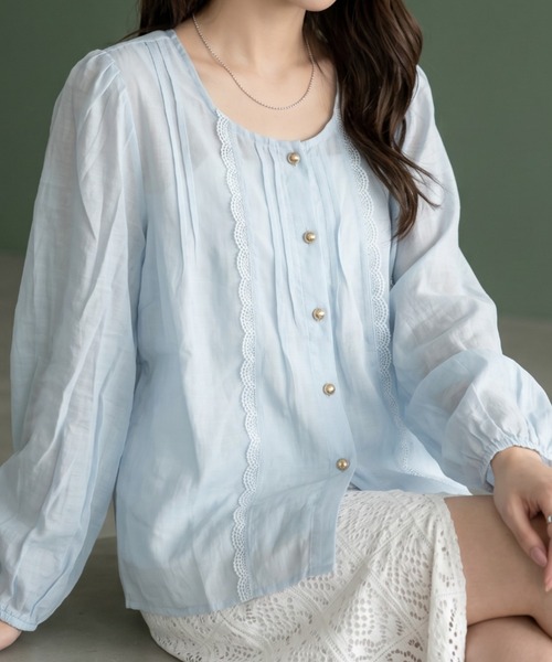 umune(ウムネ)の「シアーブラウス 長袖 フロントピンタック ハシゴレース 透け感 シースルー 羽織り 冷房対策 上品 トップス 秋 冬(シャツ/ブラウス・レディース・オフホワイト/ライトブルー/アイボリー・FREE)」の3枚目の写真