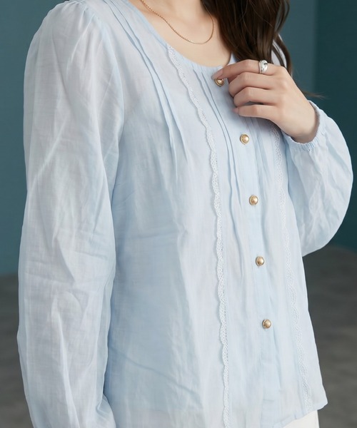 umune(ウムネ)の「シアーブラウス 長袖 フロントピンタック ハシゴレース 透け感 シースルー 羽織り 冷房対策 上品 トップス 秋 冬(シャツ/ブラウス・レディース・オフホワイト/ライトブルー/アイボリー・FREE)」の20枚目の写真