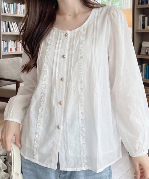 umune(ウムネ)の「シアーブラウス 長袖 フロントピンタック ハシゴレース 透け感 シースルー 羽織り 冷房対策 上品 トップス 秋 冬(シャツ/ブラウス・レディース・オフホワイト/ライトブルー/アイボリー・FREE)」の22枚目の写真