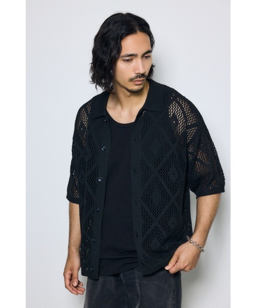AZUL by moussy(アズールバイマウジー)の「デザインメッシュニットシャツ(ニット/セーター・メンズ・マスタード/グレイッシュベージュ/ブラック・LARGE/MEDIUM)」の4枚目の写真