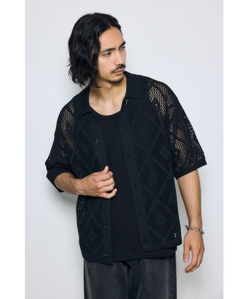 AZUL by moussy(アズールバイマウジー)の「デザインメッシュニットシャツ(ニット/セーター・メンズ・マスタード/グレイッシュベージュ/ブラック・LARGE/MEDIUM)」の5枚目の写真
