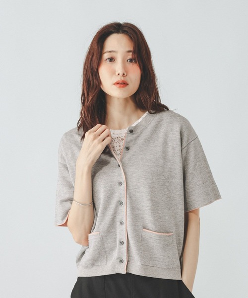 GLOBAL WORK(グローバルワーク)の「配色クルー半袖カーデ/910565(カーディガン/ボレロ・レディース・ネイビー系8/イエロー系5/ライトグレー系2・LARGE/MEDIUM)」の6枚目の写真