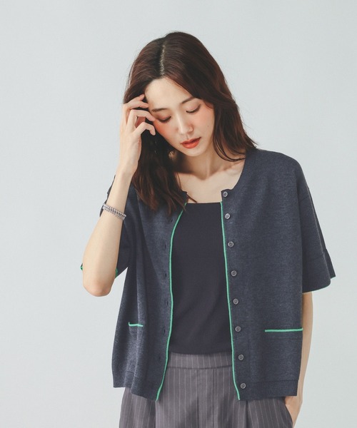 GLOBAL WORK(グローバルワーク)の「配色クルー半袖カーデ/910565(カーディガン/ボレロ・レディース・ネイビー系8/イエロー系5/ライトグレー系2・LARGE/MEDIUM)」の11枚目の写真