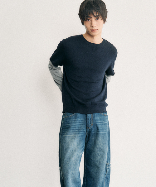 LUNDY(ランディ)の「パネルクルーネックラウンドニット - ネイビー(ニット/セーター・メンズ・ネイビー・2/3)」の3枚目の写真