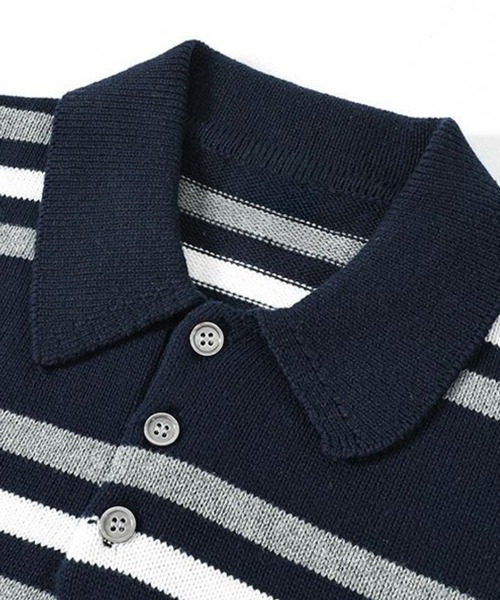NOWLE(ノウル)の「【NOWLE】レトロマルチボーダー サマーニット ポロシャツ / リラックス ポロニット 半袖 トップス(ポロシャツ・メンズ・ネイビー・LARGE/MEDIUM/X-LARGE)」の16枚目の写真