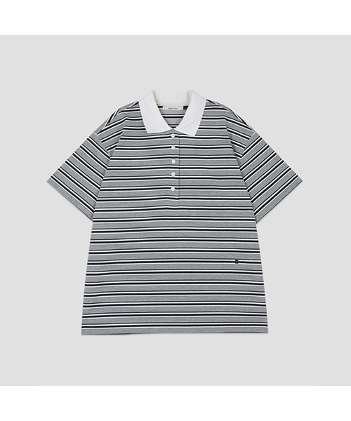 ATELIER NAIN(アトリエナイン)の「KNIT COLLAR STRIPE BOXY TEE (T-7213)(Tシャツ/カットソー・レディース・グレー/ブルー・FREE)」の1枚目の写真
