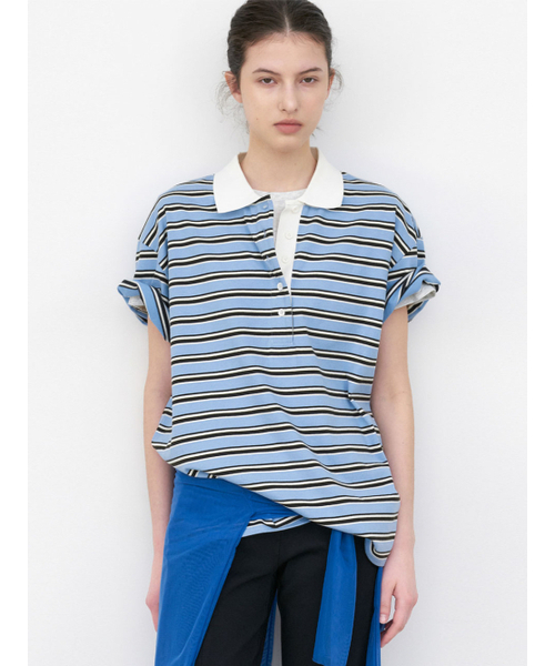 ATELIER NAIN(アトリエナイン)の「KNIT COLLAR STRIPE BOXY TEE (T-7213)(Tシャツ/カットソー・レディース・グレー/ブルー・FREE)」の3枚目の写真