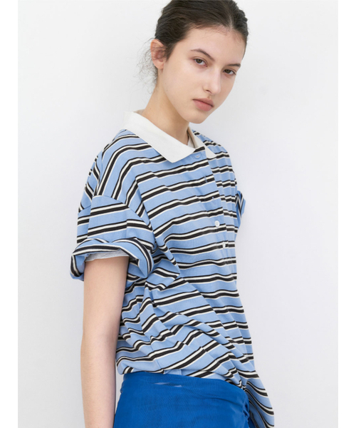 ATELIER NAIN(アトリエナイン)の「KNIT COLLAR STRIPE BOXY TEE (T-7213)(Tシャツ/カットソー・レディース・グレー/ブルー・FREE)」の4枚目の写真