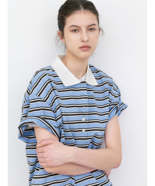 ATELIER NAIN(アトリエナイン)の「KNIT COLLAR STRIPE BOXY TEE (T-7213)(Tシャツ/カットソー・レディース・グレー/ブルー・FREE)」の5枚目の写真