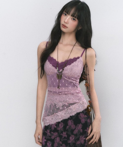 SHERU(シェル)の「ドットチュール×ラッセルレースキャミソール(キャミソール・レディース・パープル/ブラウン・M)」の5枚目の写真