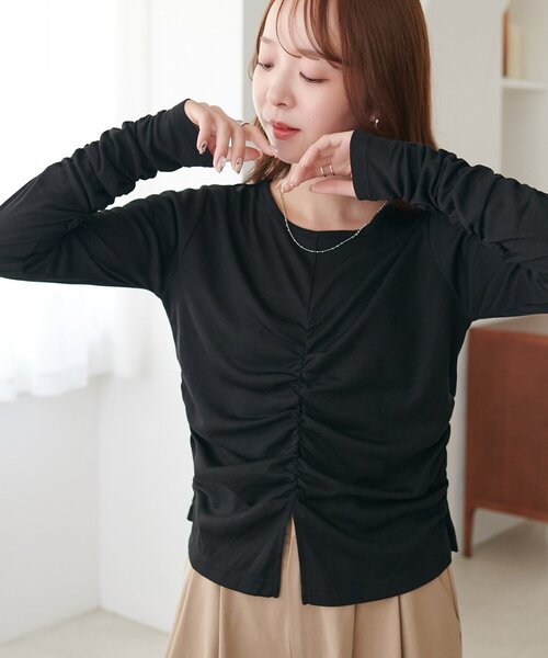 DISCOAT(ディスコート)の「【WEB限定】シャーリングトップス(Tシャツ/カットソー・レディース・ブラック/アイボリー/グレー/モカ・FREE)」の3枚目の写真