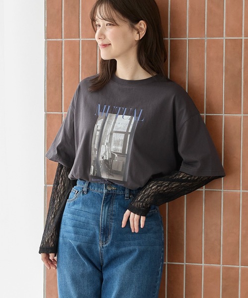 Honeys（ハニーズ）の「【ＵＶカット】レイヤード風Ｔシャツ（Tシャツ/カットソー・レディース・オレンジ/ブラウン/スミクロ/アイボリー・L/LL/M/S）」の3枚目の写真