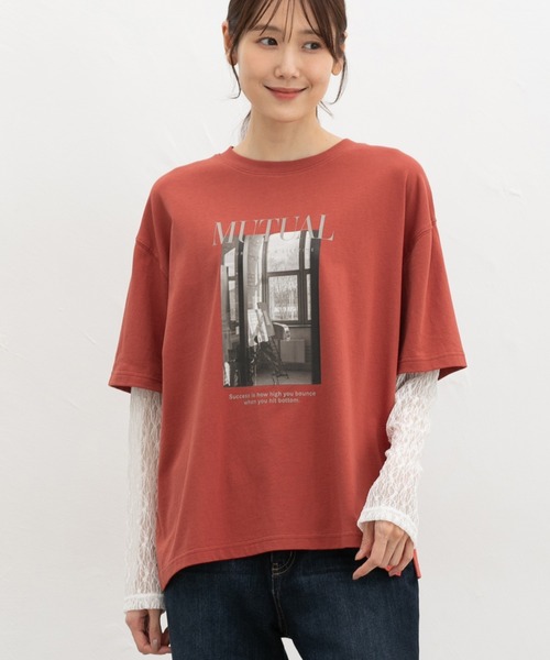 Honeys（ハニーズ）の「【ＵＶカット】レイヤード風Ｔシャツ（Tシャツ/カットソー・レディース・オレンジ/ブラウン/スミクロ/アイボリー・L/LL/M/S）」の4枚目の写真