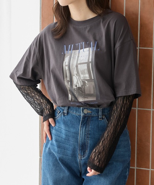 Honeys（ハニーズ）の「【ＵＶカット】レイヤード風Ｔシャツ（Tシャツ/カットソー・レディース・オレンジ/ブラウン/スミクロ/アイボリー・L/LL/M/S）」の12枚目の写真