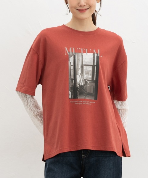 Honeys（ハニーズ）の「【ＵＶカット】レイヤード風Ｔシャツ（Tシャツ/カットソー・レディース・オレンジ/ブラウン/スミクロ/アイボリー・L/LL/M/S）」の14枚目の写真