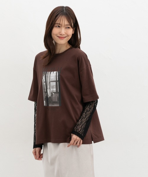 Honeys（ハニーズ）の「【ＵＶカット】レイヤード風Ｔシャツ（Tシャツ/カットソー・レディース・オレンジ/ブラウン/スミクロ/アイボリー・L/LL/M/S）」の16枚目の写真
