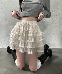 ドット柄レースティアードフリルミニスカート
