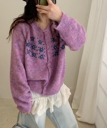 花柄刺繍 クルーネック ニットカーディガン